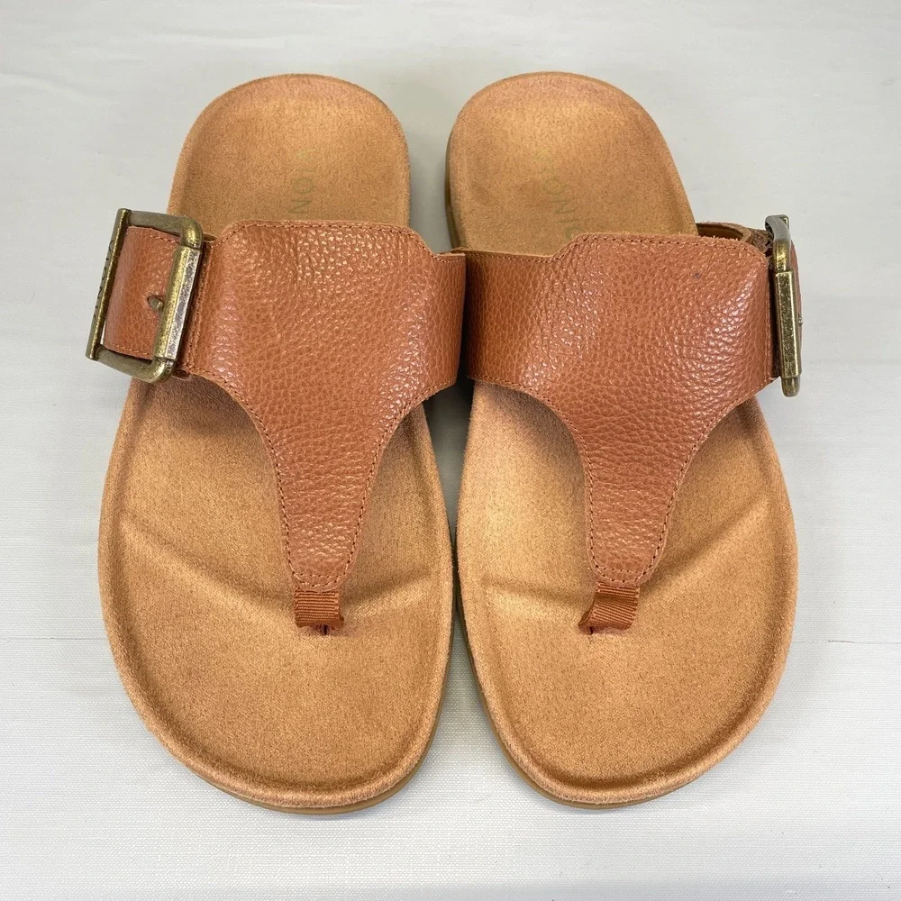 Vionic Emma Sandals Womens Size 6 Wide Tan Brown Pebbled Leather Flip Flop Shoes